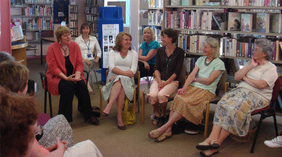 Diane with readers at Seascale library in June